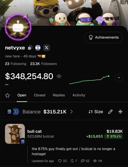 A screenshot of the Pump Fun app profile page for user "netvyxe" displaying a portfolio balance of $348,254.80, with a prominent highlight on the "$bullcat" token (523.98M bullcat) showing a +375.1% gain valued at $19.83K, which aligns with the post celebrating that $bullcat has finally broken out of its hostage situation after the 8.75% guy exited.