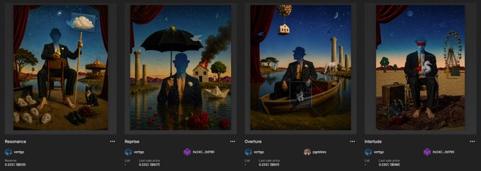 Four surreal NFT-style artworks displayed in a gallery interface: 'Resonance,' 'Reptile,' 'Overture,' and 'Interlude,' each featuring blue silhouetted figures in dreamlike scenes with prices around 0.3382 ETH.