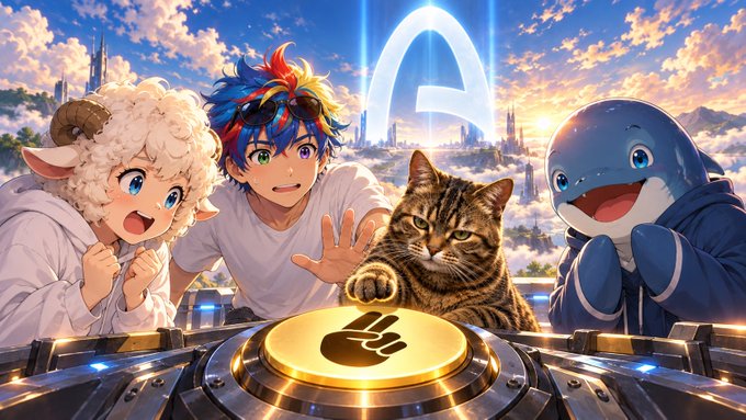 Anime characters and a cat gather around a golden coin marked with a hand symbol, beneath a glowing 'A' emblem against a fantasy cityscape.