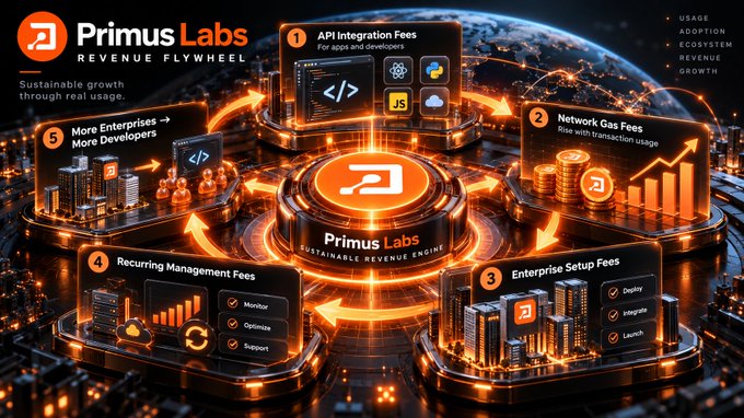An infographic illustrating the 'Primus Labs REVENUE FLYWHEEL' with five stages including API Integration Fees, Network Gas Fees, Enterprise Setup Fees, Recurring Management Fees, and More Enterprises/Developers.