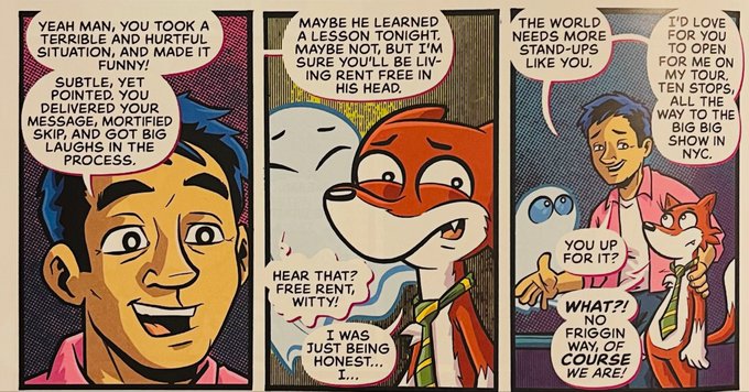 A three-panel comic strip featuring a young man and a fox character discussing getting mortified and launching a new comedy venture without a course, with dialogue mentioning opening in NYC and joining the 'Big Show.'
