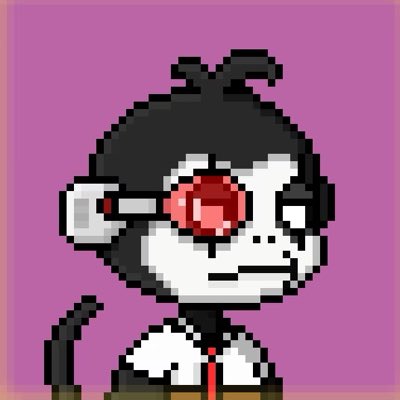 A pixel art cartoon monkey with a red nose wearing a shirt appears on a pink background, serving as a new profile picture for the @MonkeyHoodNFT account.