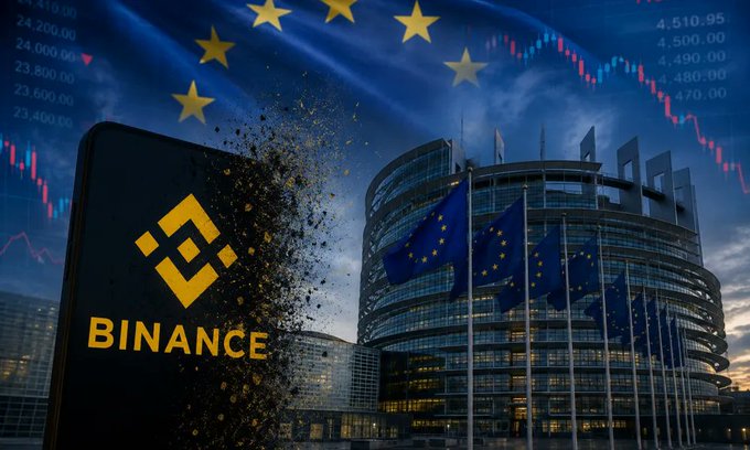 A smartphone displaying the Binance logo appears shattered in the foreground, set against a backdrop of the European Parliament building surrounded by EU flags, with falling stock market charts overlaid on the scene. The image visually reinforces the news that Binance is halting its services in the European Union, including in countries like Poland, Italy, Spain, and France, due to its failure to obtain the MiCA license on time.