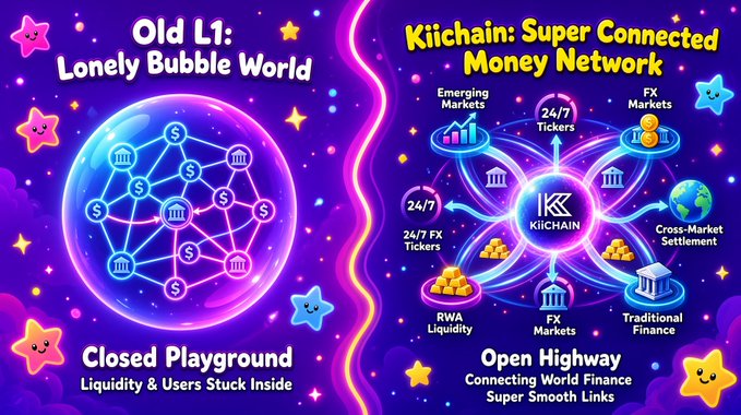 An infographic contrasting 'Old L1: Lonely Bubble World' (Closed Playground with stuck liquidity) versus 'Kiichain: Super Connected Money Network' (Open Highway connecting global finance with various markets).