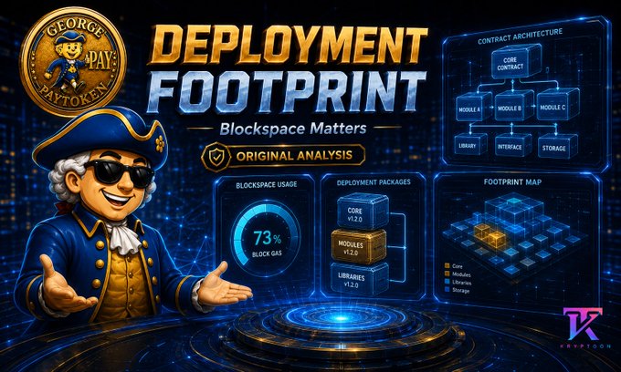 A pirate mascot wearing sunglasses presents a "Deployment Footprint" infographic for "George PayToken," highlighting that 73% of block gas is used by a primary contract (v1.2.0) with modules and libraries, alongside diagrams of contract architecture, deployment packages, and a 3D footprint map—visually reinforcing the post's point that contract deployment consumes significant blockspace before any user interaction occurs.