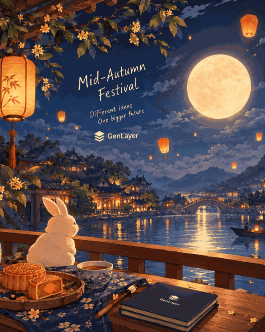 A Mid-Autumn Festival illustration featuring a white rabbit, mooncakes, and a teacup on a balcony overlooking a moonlit village and lake, with text reading 'Mid-Autumn Festival, Different ideas, One bigger future' and the GenLayer logo.