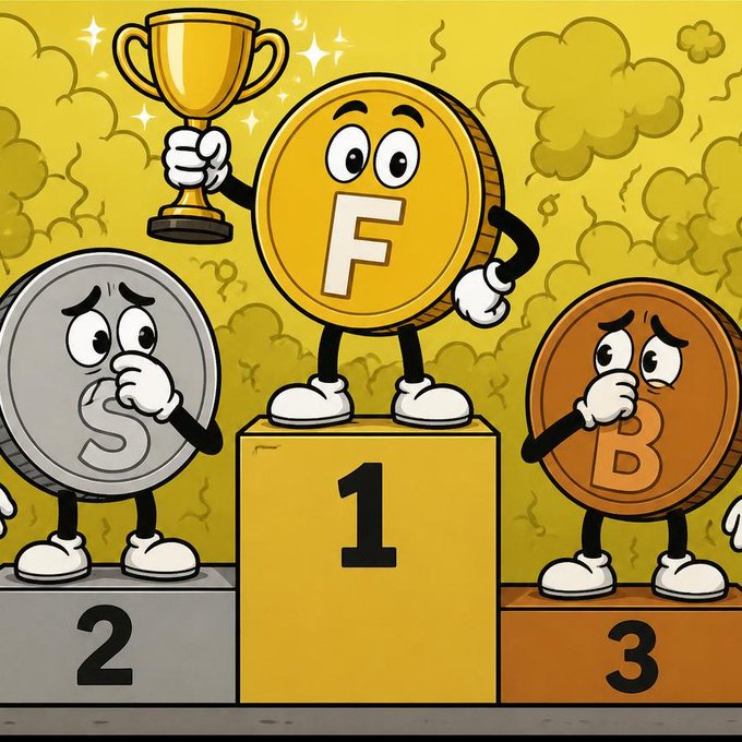 A cartoon illustration shows three coins on a podium: a silver 'S' coin in second place, a gold 'F' coin holding a trophy in first place, and a bronze 'B' coin in third place.