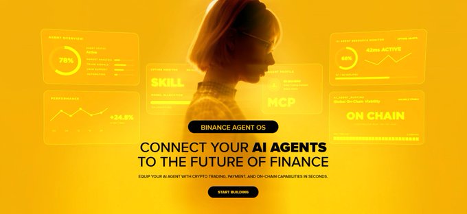 A promotional graphic with a yellow background showing a silhouette of a person and various data panels, featuring the text 'BINANCE AGENT OS', 'CONNECT YOUR AI AGENTS TO THE FUTURE OF FINANCE', and 'START BUILDING'.