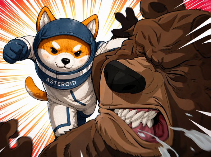 A Shiba Inu dog in a blue space suit labeled "ASTEROID" delivers a powerful punch to a snarling brown bear, visually symbolizing the defeat of bearish market sentiment with an aggressive, dynamic comic-style composition.