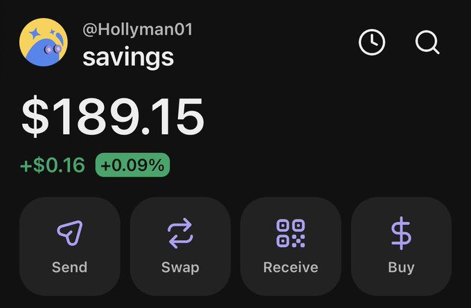 A crypto wallet app screenshot for user @Hollyman01 showing a savings balance of $189.15 (+$0.16, +0.09%), with action buttons for Send, Swap, Receive, and Buy.