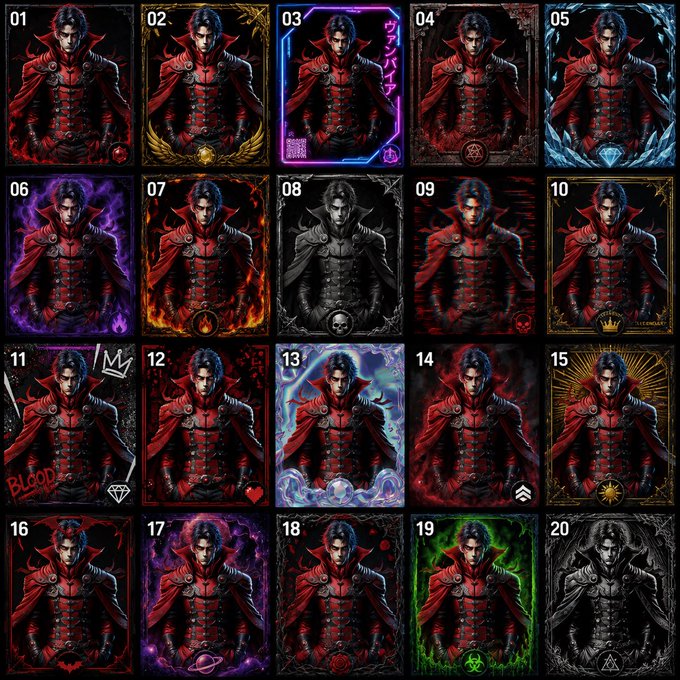 A grid of 20 numbered character portraits (01-20) showing variations of a dark, gothic vampire-like figure with white hair and a red coat, each featuring different themed backgrounds and elements like flames, ice, neon, and a pentagram—presented as an NFT collection concept titled "The Fallen Court."