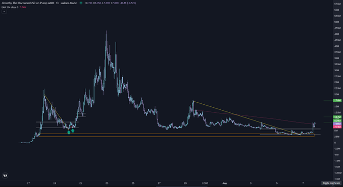 A TradingView chart for 'Jimothy The Raccoon/USD on Pump.fun' showing a long-term price trend with descending triangle pattern.