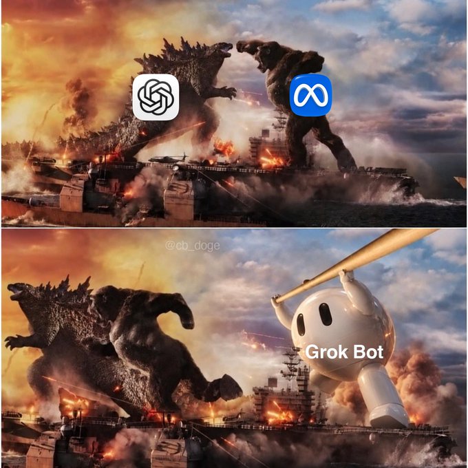 The image is a meme comparing two AI chatbots in a Godzilla vs. Kong movie scene, with ChatGPT (represented by its logo) and Meta (represented by its infinity logo) shown as the two battling monsters. In the second panel, a giant "Grok Bot" character with a bat is added to the scene, appearing to side with Godzilla and overpower Kong/Meta. The watermark "@cb_doge" is visible in the middle of the image.