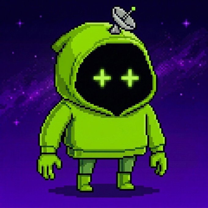 A pixel art illustration of a green hooded character with glowing cross-shaped eyes and a small satellite dish on its head, set against a purple cosmic background.