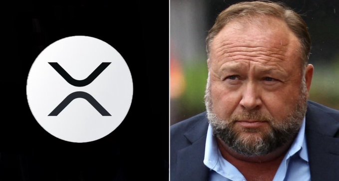 Split image showing the XRP cryptocurrency logo on the left and Alex Jones, a known conspiracy theorist and media personality, on the right.