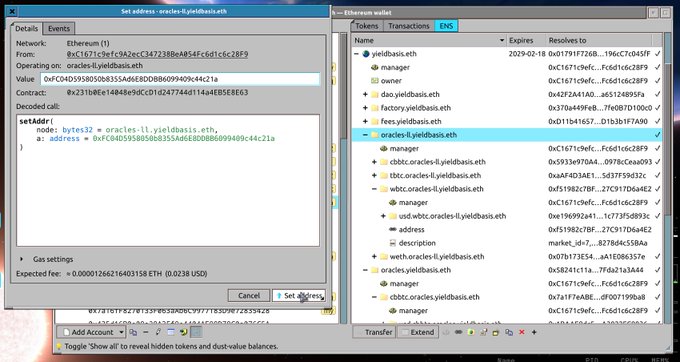 A screenshot of the Ethereum Wallet interface showing details for setting an address resolver for the oracles-ii.yieldbasis.eth ENS domain, including decoded call information.