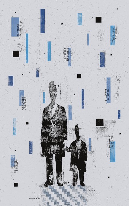 A stylized, distressed artwork featuring a grayscale silhouette of an adult and child holding hands, surrounded by floating blue rectangles, black squares, and small printed numbers like "5221424" on a textured off-white background.