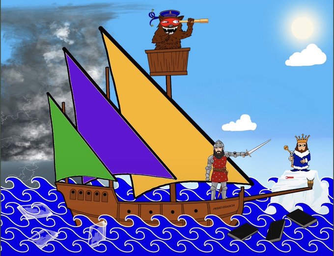 A cartoon illustration of a pirate ship with colorful sails (green, purple, yellow) sailing through blue waves, featuring a red-masked pirate with a spyglass in the crow's nest, a knight with a sword on deck, a king on an iceberg, lightning storms, and floating smartphones.