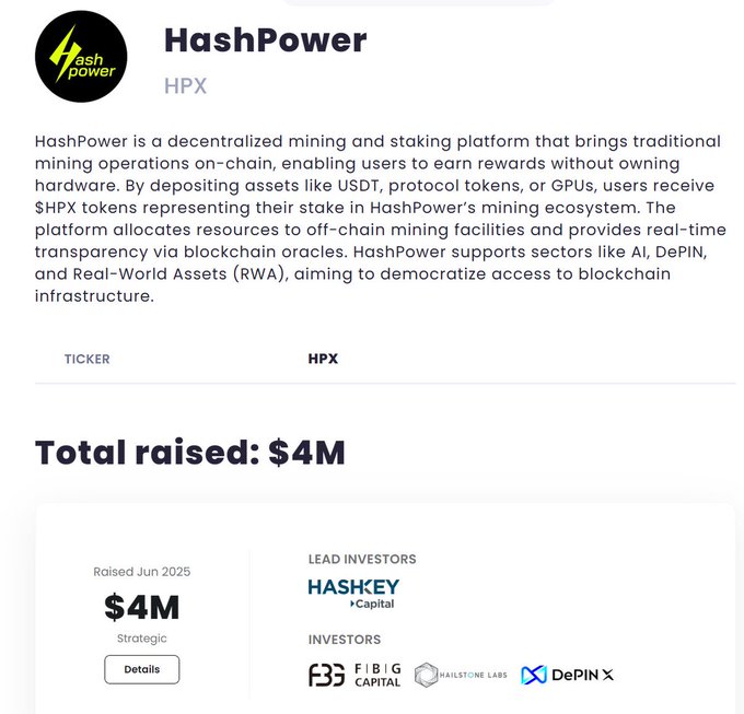 The image features a screenshot of an informational page for hashpower that includes details about the platform they have raised money for, tokenizing GPU computing power, data centers, and energy resources into yield-generating assets. The text says that this is "Brothers, early risers are already at work," which could be related to the successful fundraising efforts made by hashpower in this image. Additionally, there is an @RaxFinance link providing further information about the platform, as well as other cryptocurrency-related businesses and funds being supported by the funds raised.
