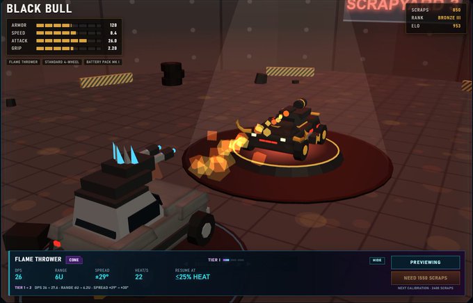 A screenshot from a robot battle game showing a tank-like 'BLACK BULL' robot and a 'FLAME THROWER' unit, with stats including DPS 26, RANGE 6U, and a 'NEXT CALIBRATION' requirement of 1550 scraps.