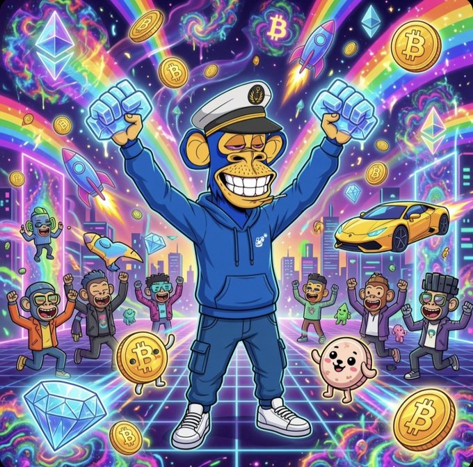 A vibrant digital illustration of a blue-clothed cartoon ape character in a captain's hat holding diamonds, surrounded by Bitcoin coins, rockets, a sports car, and cheering characters in a psychedelic cityscape.