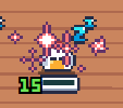 A pixel-art scene from the game Sunflower Land shows a character being attacked by small creatures, with a health bar displaying "15" remaining. The image relates to the post as a dramatic "GGs" (good game) moment depicting the player's character near defeat during gameplay in the Sunflower Land farm setting.