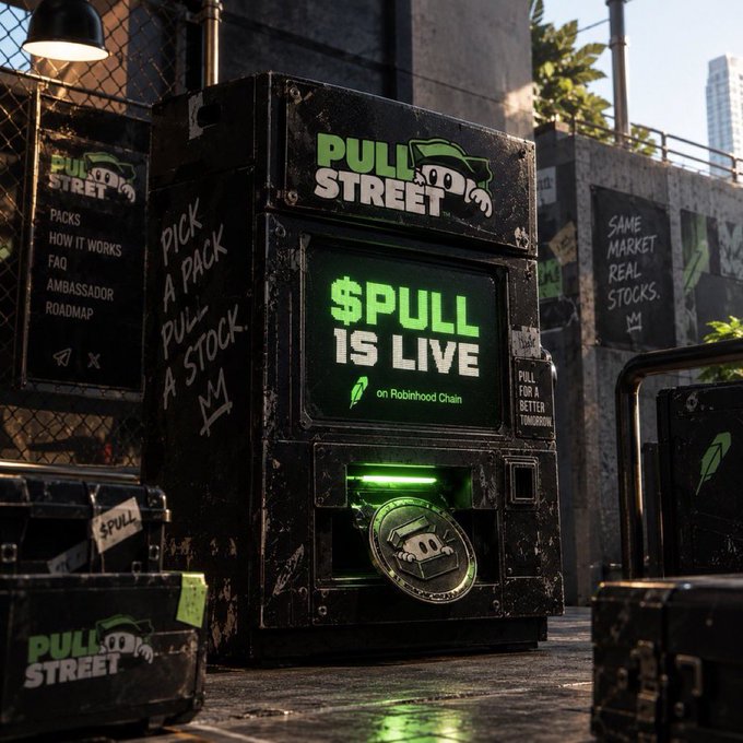 A weathered black vending machine branded 'PULL STREET' with green neon text stating '$PULL is LIVE on Robinhood Chain', featuring a glowing green token slot and promotional text 'PICK A PACK. PULL A STOCK.'