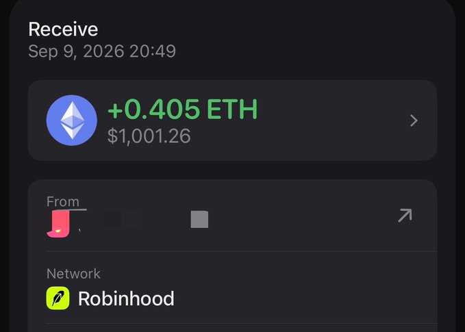 A cryptocurrency wallet app screenshot shows a received amount of '+0.405 ETH' valued at '$1,001.26' from an obscured sender via the 'Robinhood' network, dated 'Sep 9, 2026 20:49'.