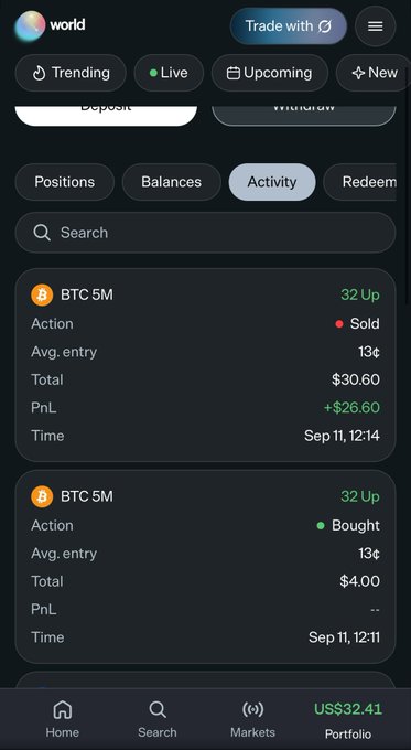 A screenshot of a cryptocurrency trading app showing 'Activity' with BTC 5M positions, including a 'Sold' order with +$26.60 PnL and a 'Bought' order, totaling $30.60 and $4.00 respectively on Sep 11.
