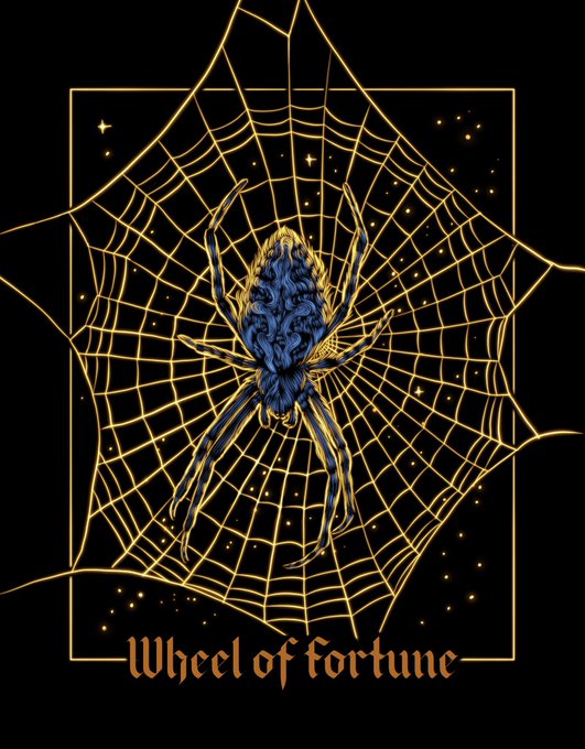 An illustration shows a blue and gold spider on a golden web against a black starry background, with the text "Wheel of fortune" at the bottom.