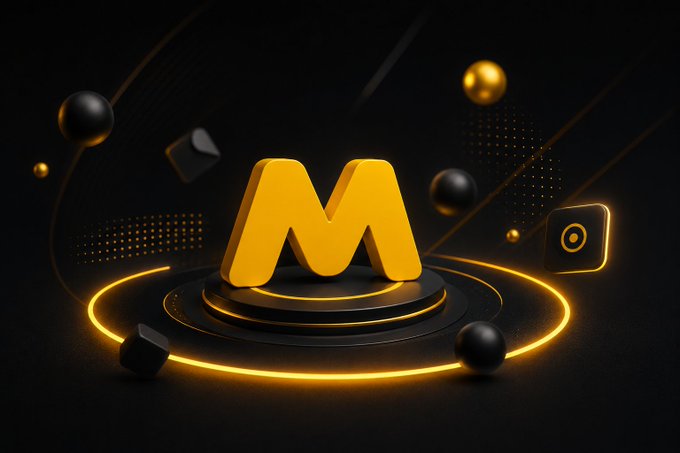 3D graphic design featuring a golden letter 'M' on a podium surrounded by black and gold spheres and a glowing ring on a dark background.