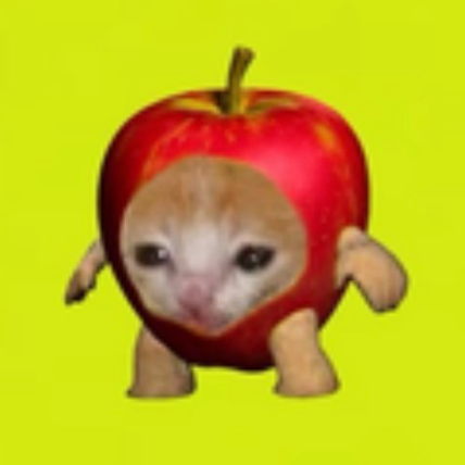 A red apple with a kitten's face and tiny paws, set against a bright yellow background, humorously symbolizes a crypto buyer's enthusiasm—suggesting that purchasing the new "Mars coin" is as absurd as an apple-kitten hybrid, with no realistic value beyond novelty.