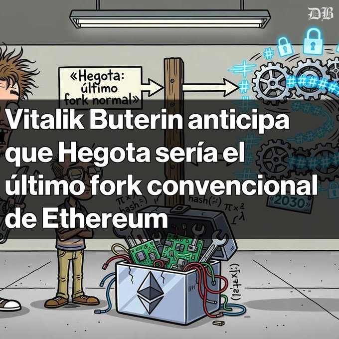 Spanish news graphic with an Ethereum toolbox illustration, reading 'Vitalik Buterin anticipa que Hegota sería el último fork convencional de Ethereum'.