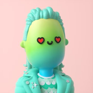 A teal-colored stylized 3D character figurine with heart-shaped eyes and a small smile, wearing a jacket against a pink background.
