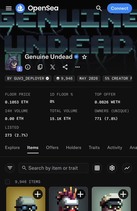 Screenshot of an OpenSea page for the 'Genuine Undead' NFT collection by GUV3_DEPLOYER, showing 9,946 items, a floor price of 0.1053 ETH, and a total volume of 15.1K ETH.