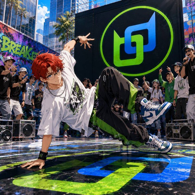 An anime-style illustration of a red-haired breakdancer performing a freeze move on a stage with a large green and blue logo, surrounded by an enthusiastic crowd and boomboxes.