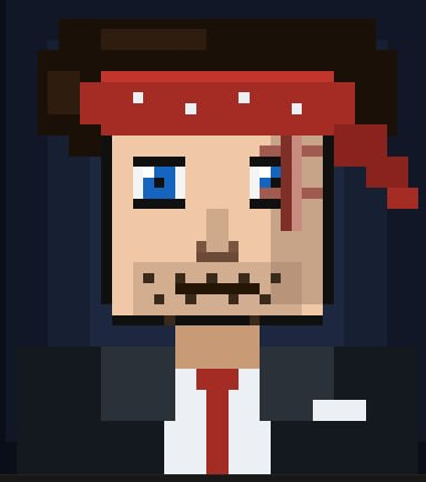 A pixel art portrait of a man with brown hair, blue eyes, stubble, and a red bandana, wearing a black suit with a red tie and a small red stain on his face.