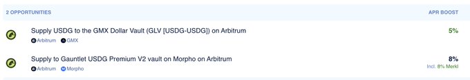 A cryptocurrency DeFi dashboard displaying '2 OPPORTUNITIES' with APR BOOST options to 'Supply USDG to the GMX Dollar Vault (GLV [USDG-USDG]) on Arbitrum' at 5% and 'Supply to Gauntlet USDG Premium V2 vault on Morpho on Arbitrum' at 8% (including 8% Merkl).
