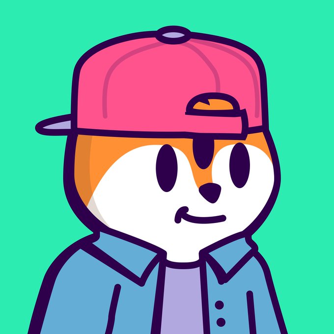 A cartoon illustration of a cute dog character wearing a pink backwards cap and a blue jacket against a green background.