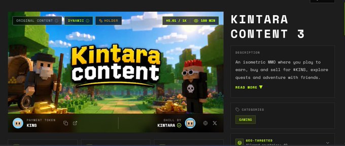Thumbnail and details page for 'KINTARA CONTENT 3', described as an isometric MMO where players earn, buy, and sell for $KINS, explore quests, and adventure with friends.