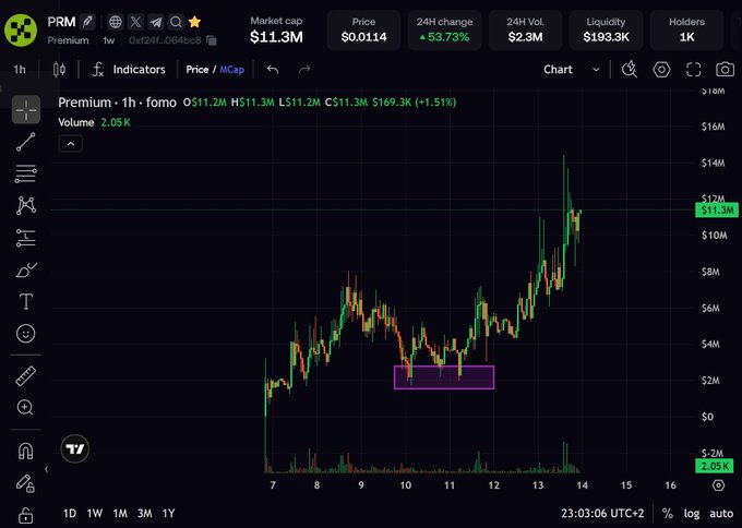 A TradingView chart of the token "PRM (Premium)" showing a 1-hour candlestick view with a market cap of $11.3M, price of $0.0114, and a 53.73% 24-hour gain, illustrating the token's strong upward momentum referenced in the post.
