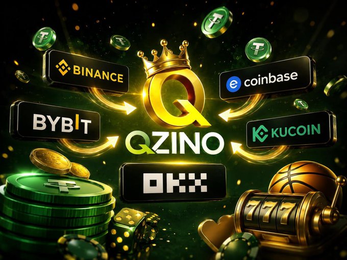 A promotional graphic featuring the "QZINO" logo with a crown, surrounded by logos for Binance, Coinbase, Bybit, KuCoin, and OKX, along with casino chips, dice, and a slot machine.