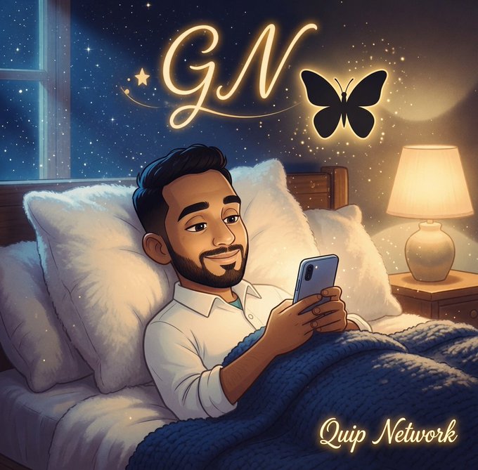 A digital illustration of a bearded man lying in bed under a blue blanket using his phone, with 'GM' in glowing text and a black butterfly above him, branded 'Quip Network'.