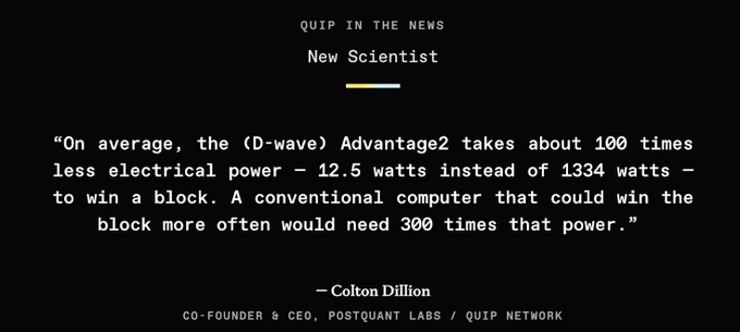 The image features a quote attributed to Mr. Cameron Dillin from Quip In The Men. The quote is about the development of quantum computing, specifically highlighting that it has shifted from being purely theoretical into real-world applications. This shift could potentially lead to more efficient and energy-friendly blockchain technology.