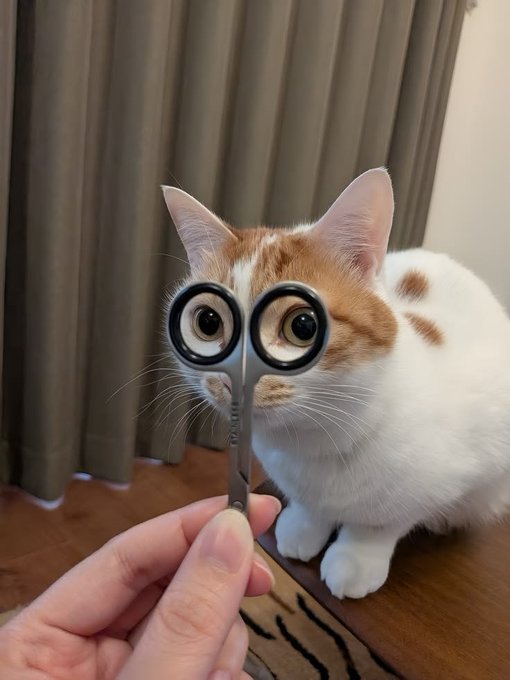 A pair of scissors held up to an orange and white cat creates the comical illusion of giant googly eyes, paired with the caption "im long a cat coin like its 2024" to humorously convey diamond-handed bullish conviction on a cat-themed cryptocurrency.