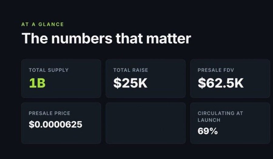 A dark-themed 'AT A GLANCE' infographic titled 'The numbers that matter', displaying crypto token metrics including Total Supply: 1B, Total Raise: $25K, and Presale Price: $0.0000625.