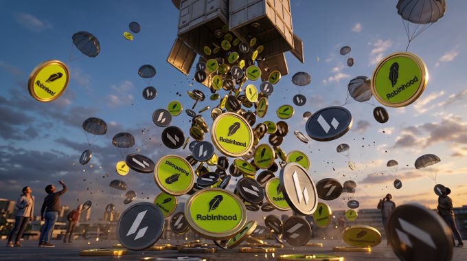 The image depicts a dramatic scene of gold and black coins branded with "Robinhood" and the feather logo cascading from a large crate, accompanied by parachutes drifting through the sky, with people below watching the spectacle. It visually represents the $LIT airdrop being distributed via the Robinhood Network, symbolizing the "airdrop" of tokens landing among traders and supporters.