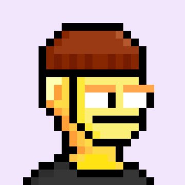 A pixel art character with yellow skin, wearing a red and brown cap with gold accents and dark sunglasses, set against a light purple background.