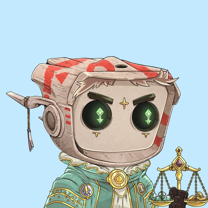 A cartoon illustration of a small robot-like character with a square head, wearing a green robe with gold trim and holding scales of justice with coins and gems.