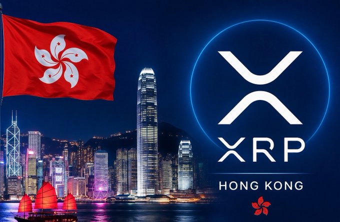 A promotional graphic for XRP in Hong Kong, featuring the Hong Kong flag, a nighttime skyline, the XRP logo, and the text "HONG KONG" with a small flower icon.